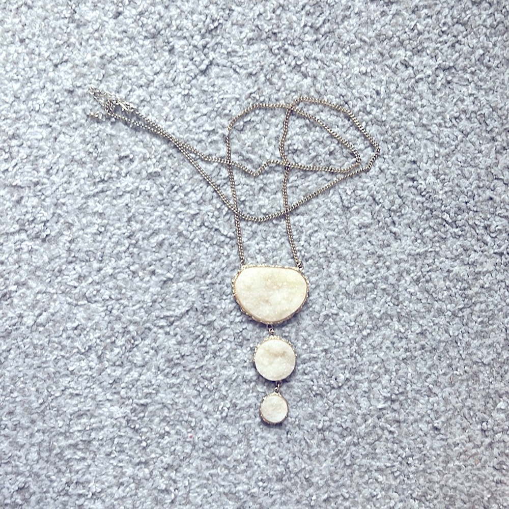 Three white rock long necklace with gold chain